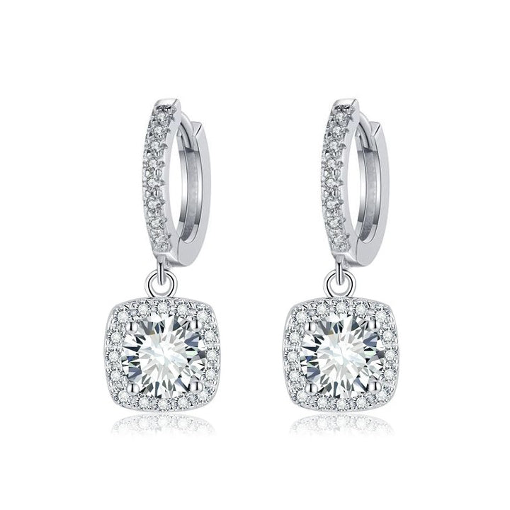 Square Halo Moissanite Drop Earrings Silver