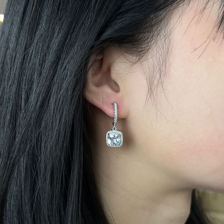 Square Halo Moissanite Drop Earrings Silver